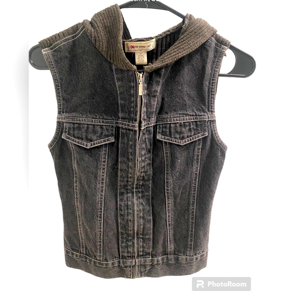 One Step Ahead Black Denim Vest with Brown Hood